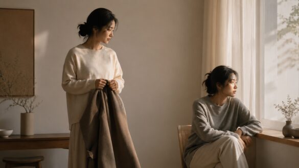 一個人拿著外套停下來觀察對方狀態，象徵真正的幫助是先理解對方需要