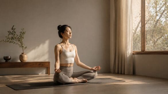 一個人在自然光房間中盤腿冥想，象徵瑜伽、呼吸與生活節奏的安定。